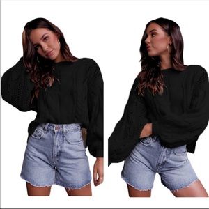 Black loose knit chunky soft sweater, crochet